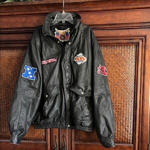 Hamilton Black Leather Bomber Jacket with Colorful Patches